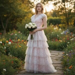 Vintage 70s Alfred Angelo Pink Lace Tiered Maxi Dress Gown Coquette Prairie